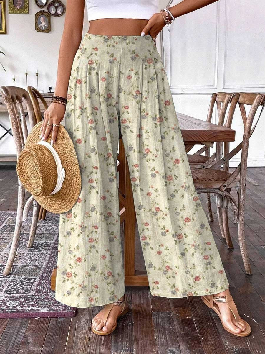 Women's Elegant Simple Floral Pattern Cotton and Linen Pants– sinsinchic